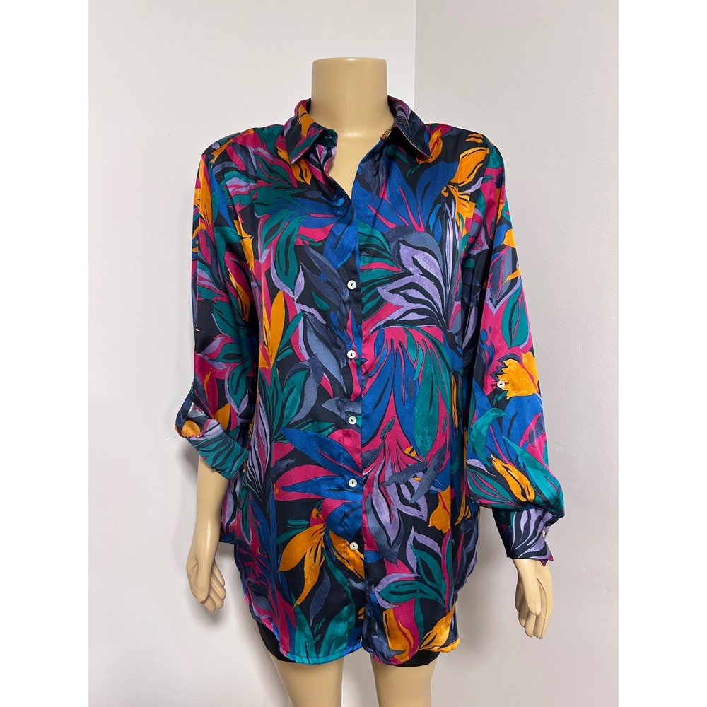 Haver & Blair London Tropical Floral Satin Button Down Blouse Multicolor Large